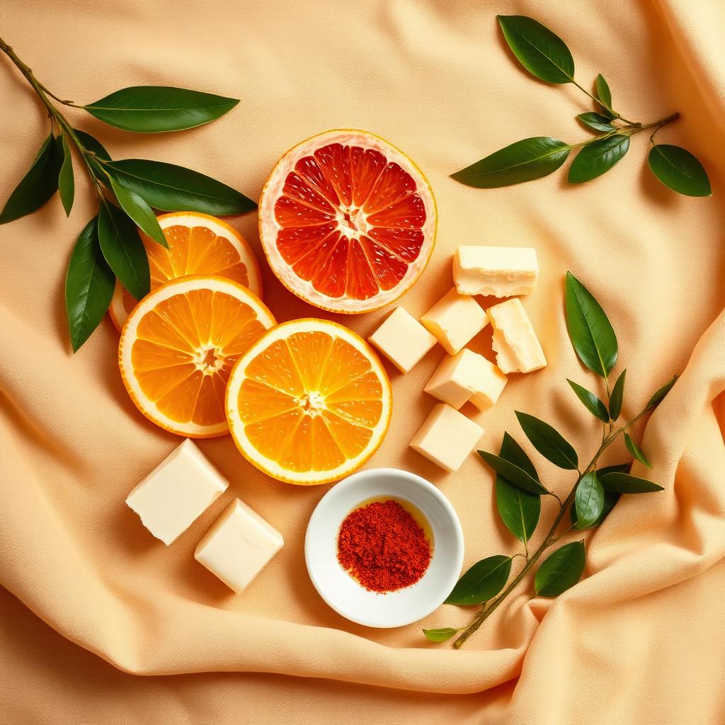 Ingrédients naturels : tranches d'orange, demi-pamplemousse rose, beurre de karité, huile d'olive et poudre de paprika