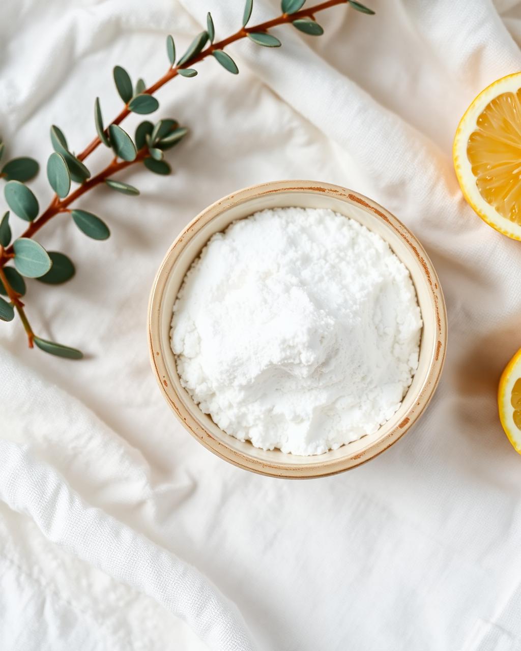 Poudre pure de bicarbonate de sodium dans une coupelle naturelle