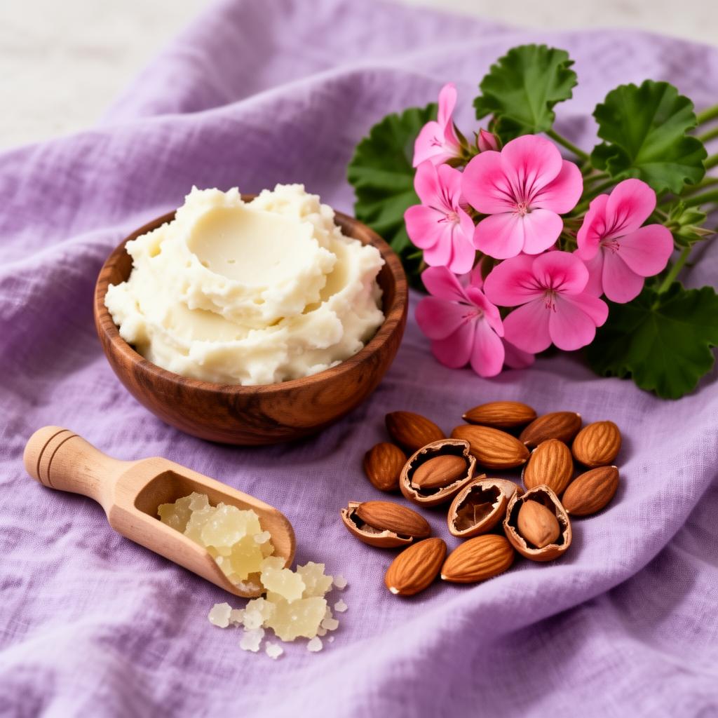 Ingrédients naturels : karité, amande douce, jojoba et géranium rosat