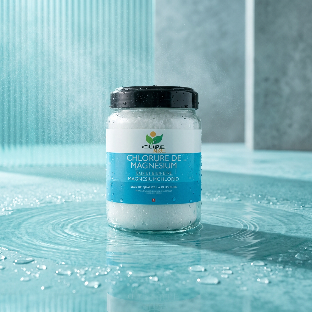 Pot de Chlorure de Magnésium CureNat sur fond d'eau turquoise