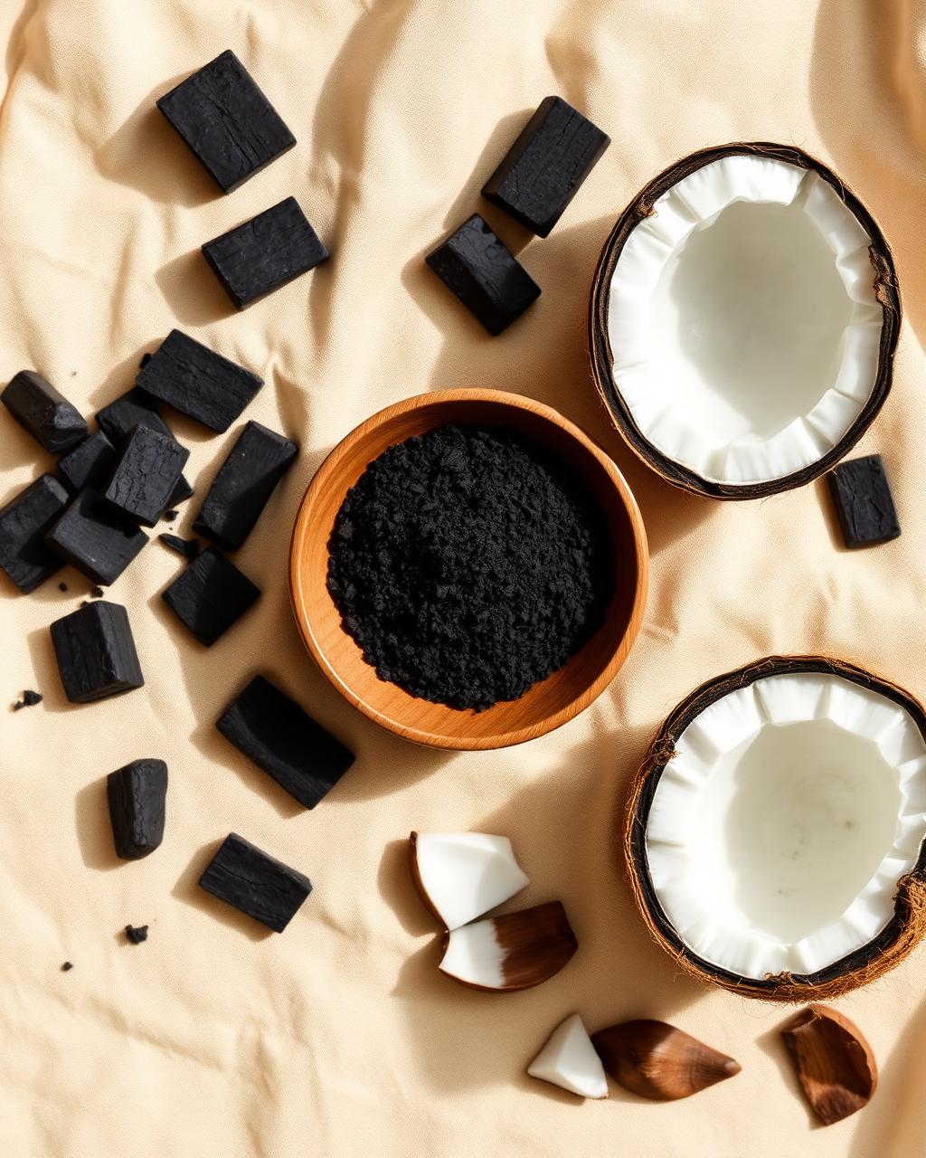 Charbon végétal actif en poudre, morceaux de charbon naturel et noix de coco fraîche