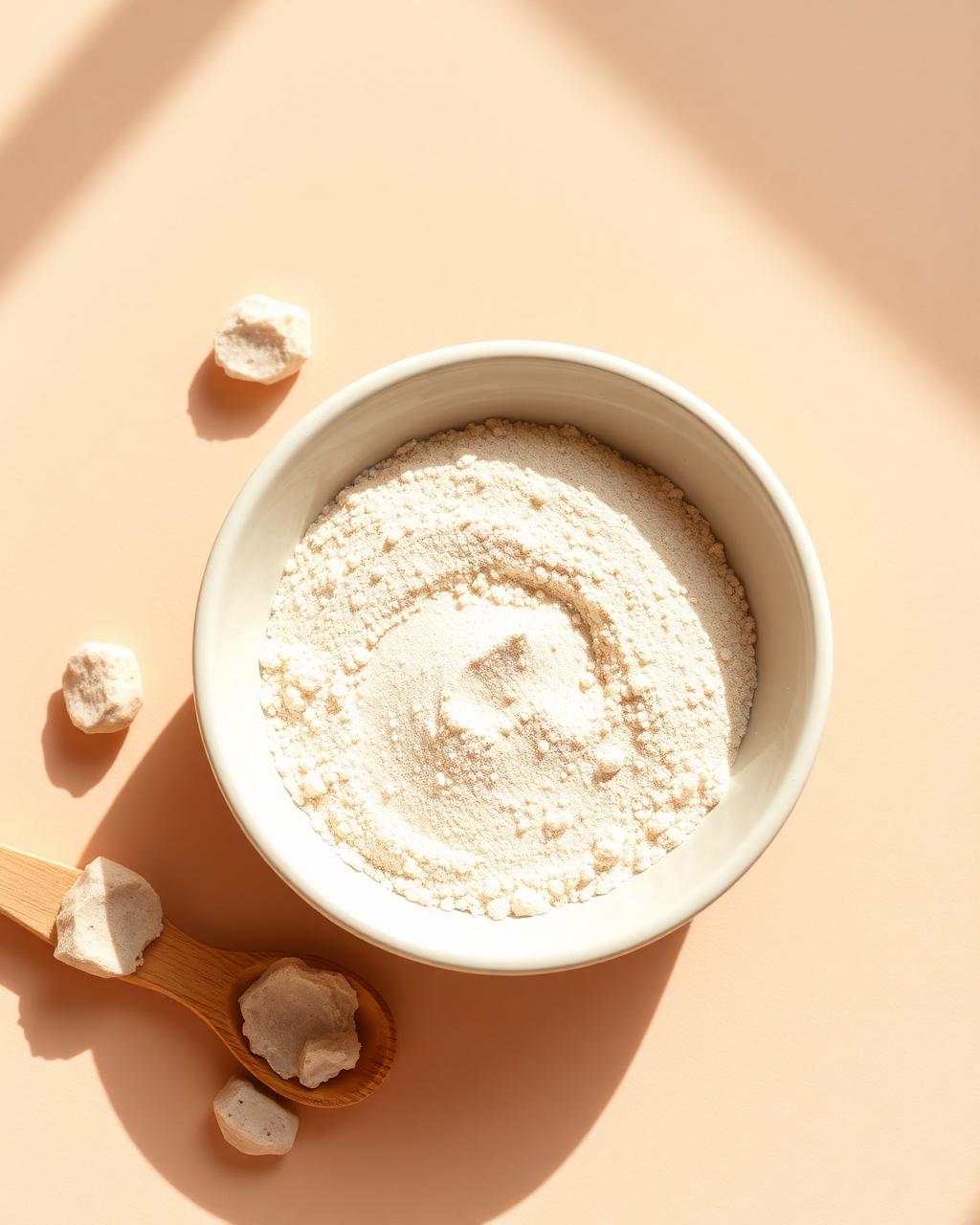 Poudre de Zéolithe Clinoptilolite extra fine dans un bol, cuillère en bois et pierres minérales