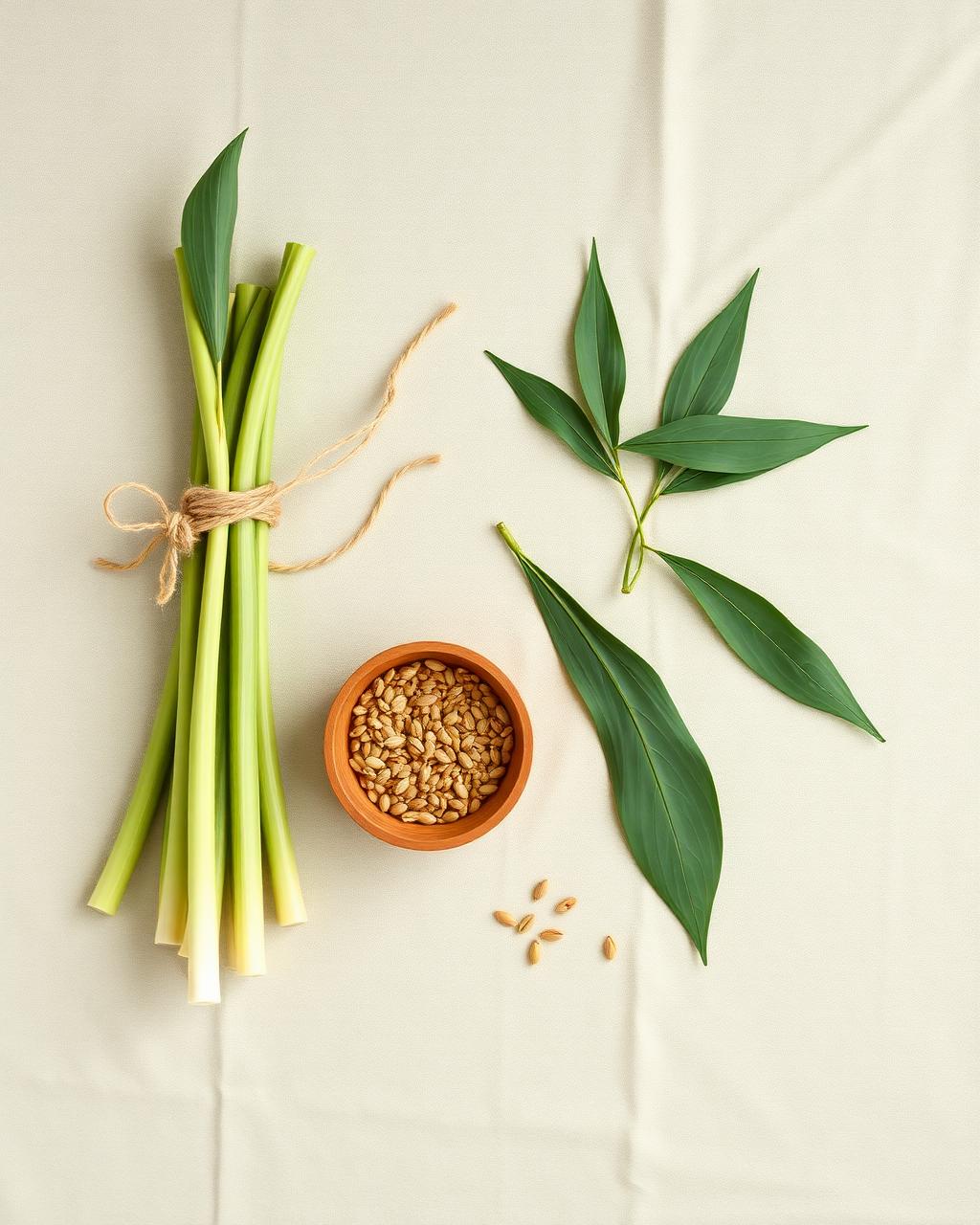 Ingrédients naturels : brins de citronnelle, feuilles de chanvre, son de chanvre en bol bois