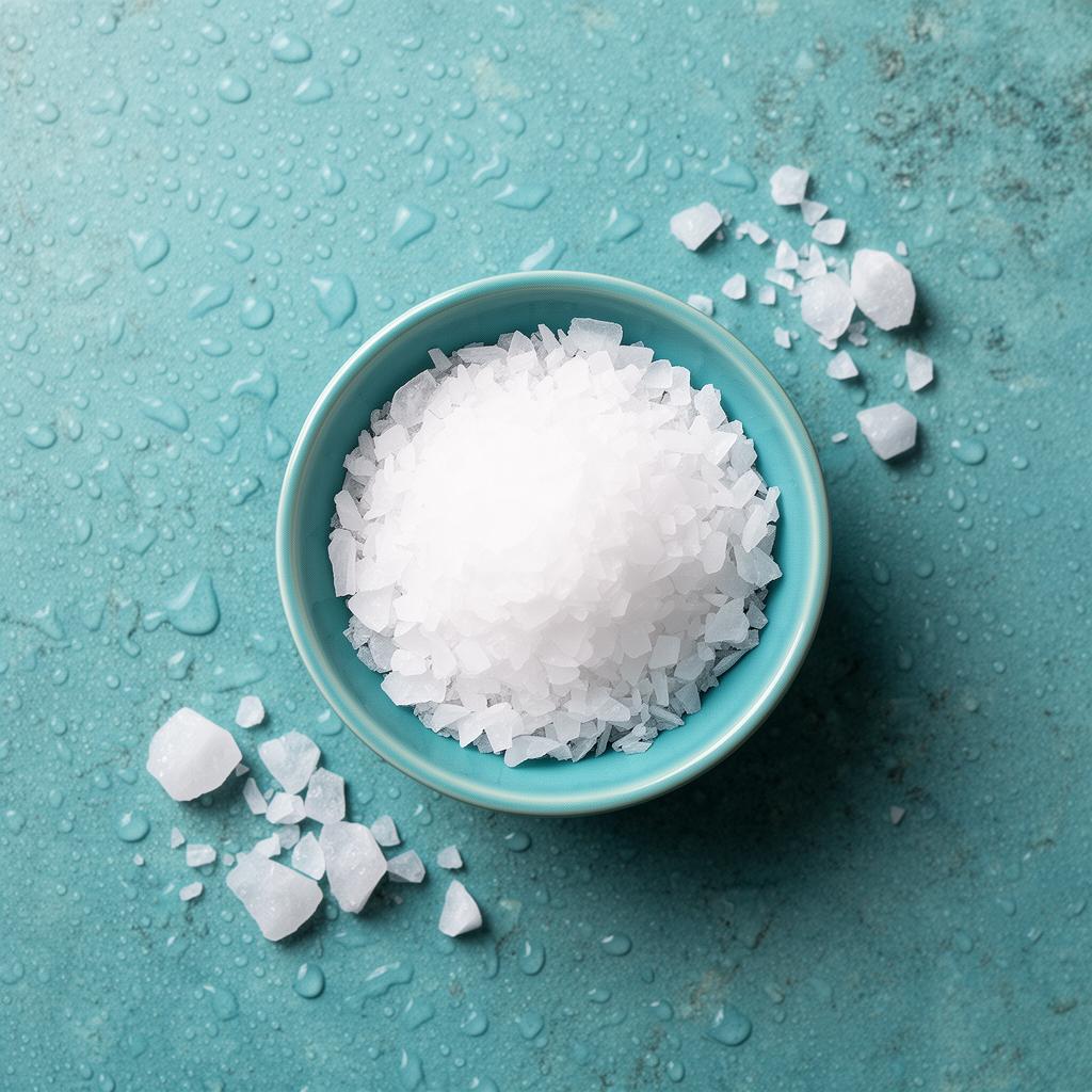 Flocons blancs de chlorure de magnésium dans un bol turquoise