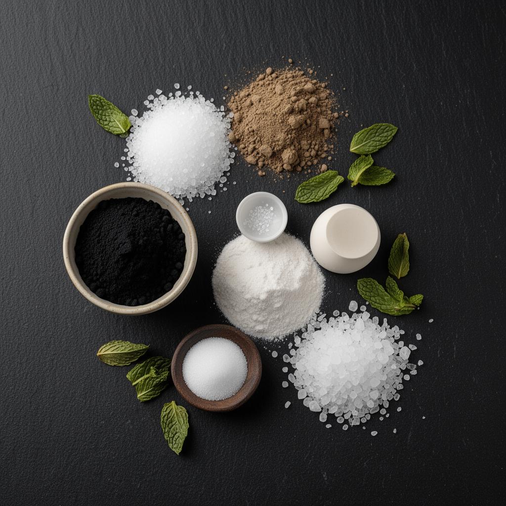 Ingrédients naturels : charbon actif, argile bentonite, kaolin blanc, xylitol cristaux et bicarbonate