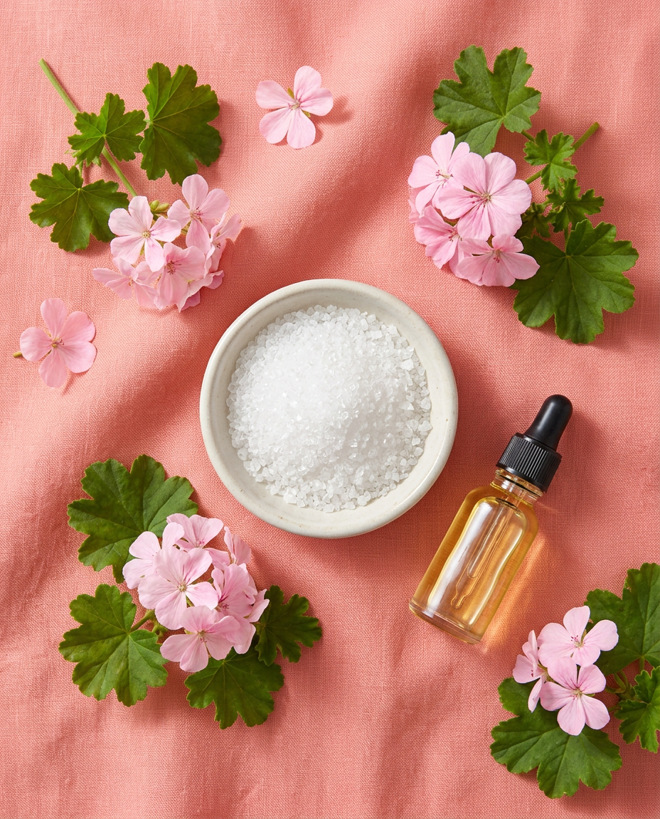 Ingrédients naturels : sel d'Epsom et fleurs de géranium rosat bio