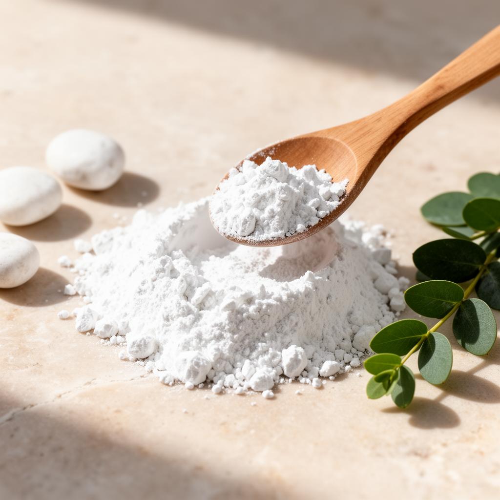 Argile blanche kaolin surfine en poudre, cuillère en bois, pierres et eucalyptus