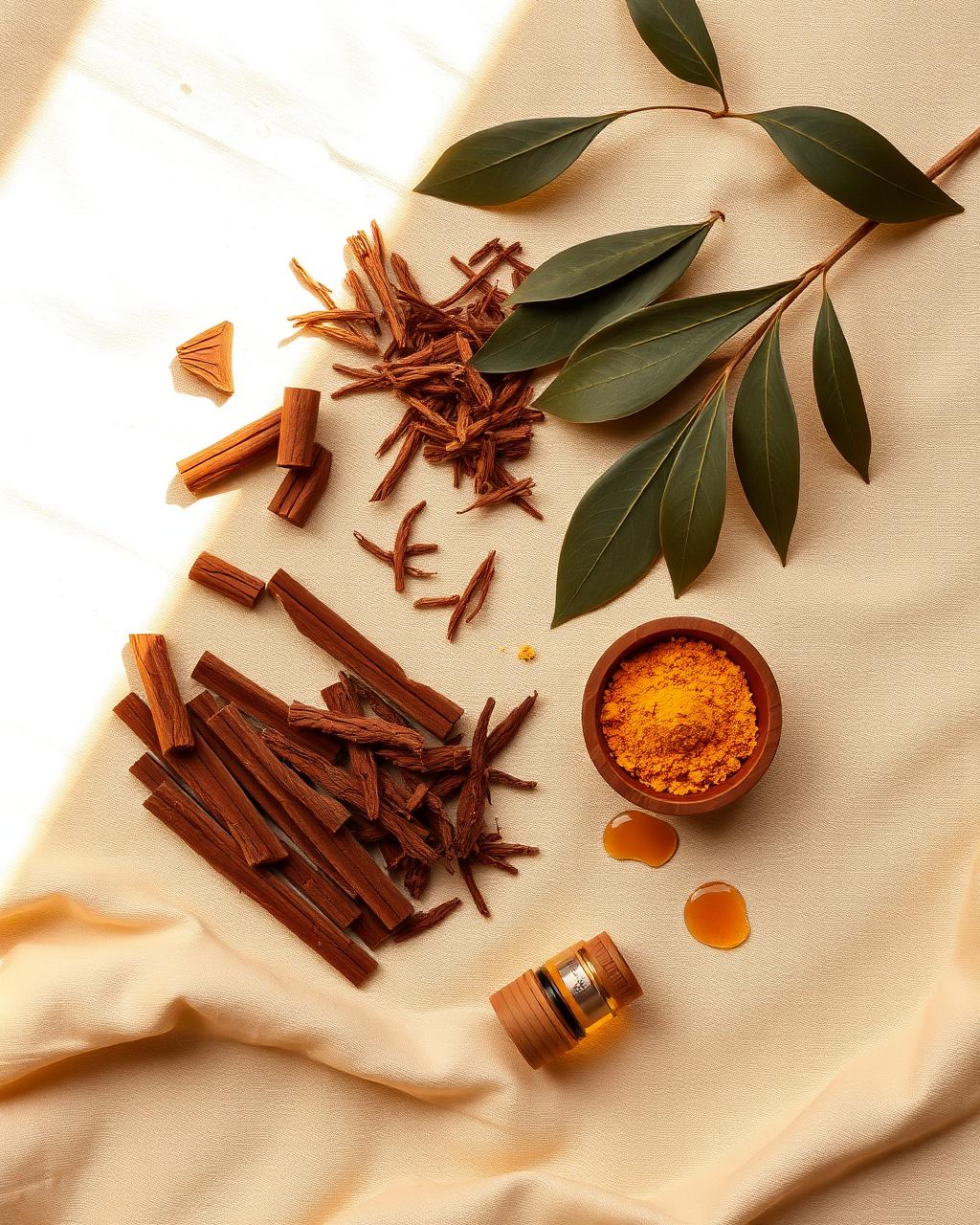 Ingrédients naturels : copeaux de bois de santal rouge, feuilles de patchouli, poudre de santal