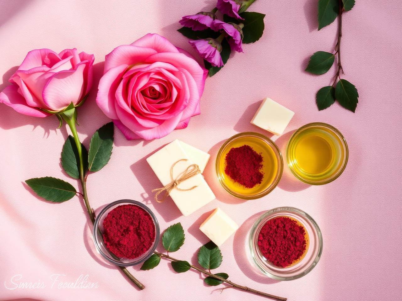 Ingrédients naturels : pétales de rose, feuilles de géranium, beurre de karité, poudre de garance