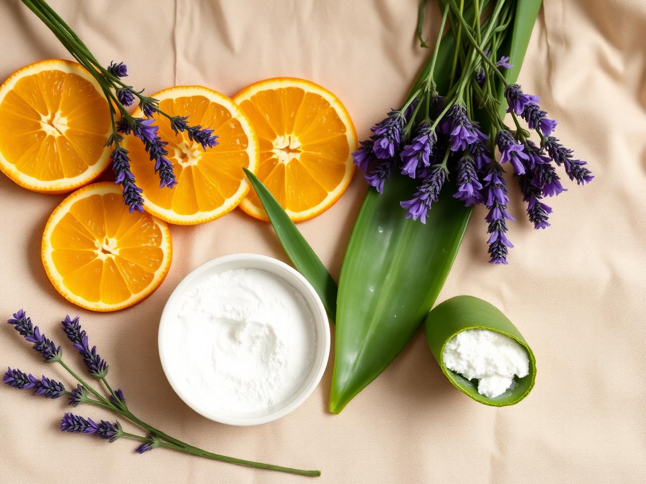 Ingrédients naturels : tranches d'orange, brins de lavande, kaolin, aloe vera