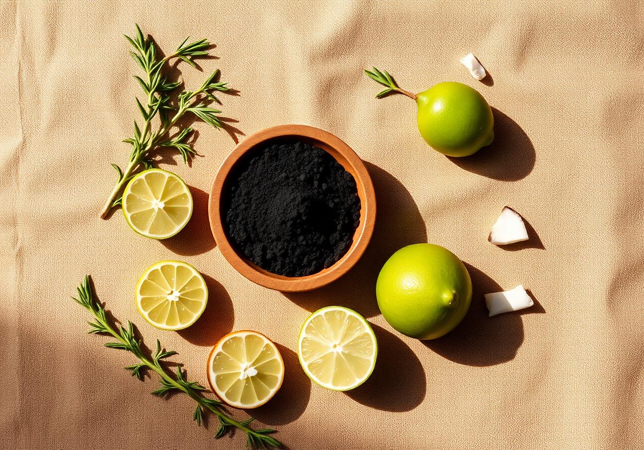 Ingrédients naturels : charbon actif en poudre dans un bol en bois, romarin frais, citrons verts coupés et noix de coco