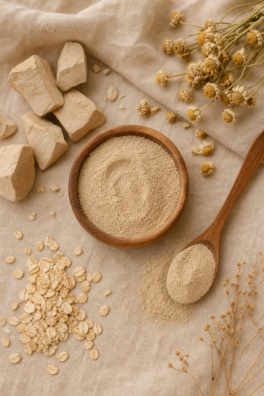 Argile beige Bentonite en poudre superfine, pierres minérales et cuillère en bois