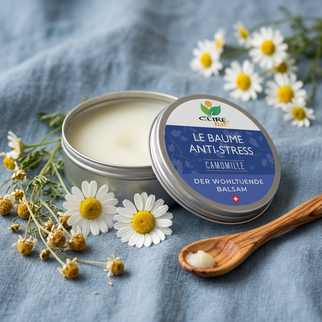 Boîte aluminium de baume anti-stress camomille CureNat sur lin bleu avec fleurs de camomille