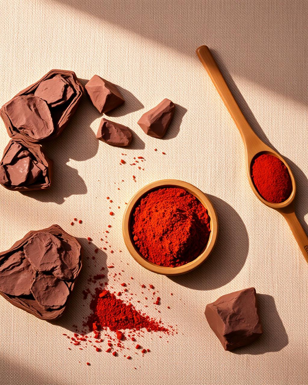 Argile rouge Montmorillonite en poudre superfine, pierres minérales et cuillère en bois