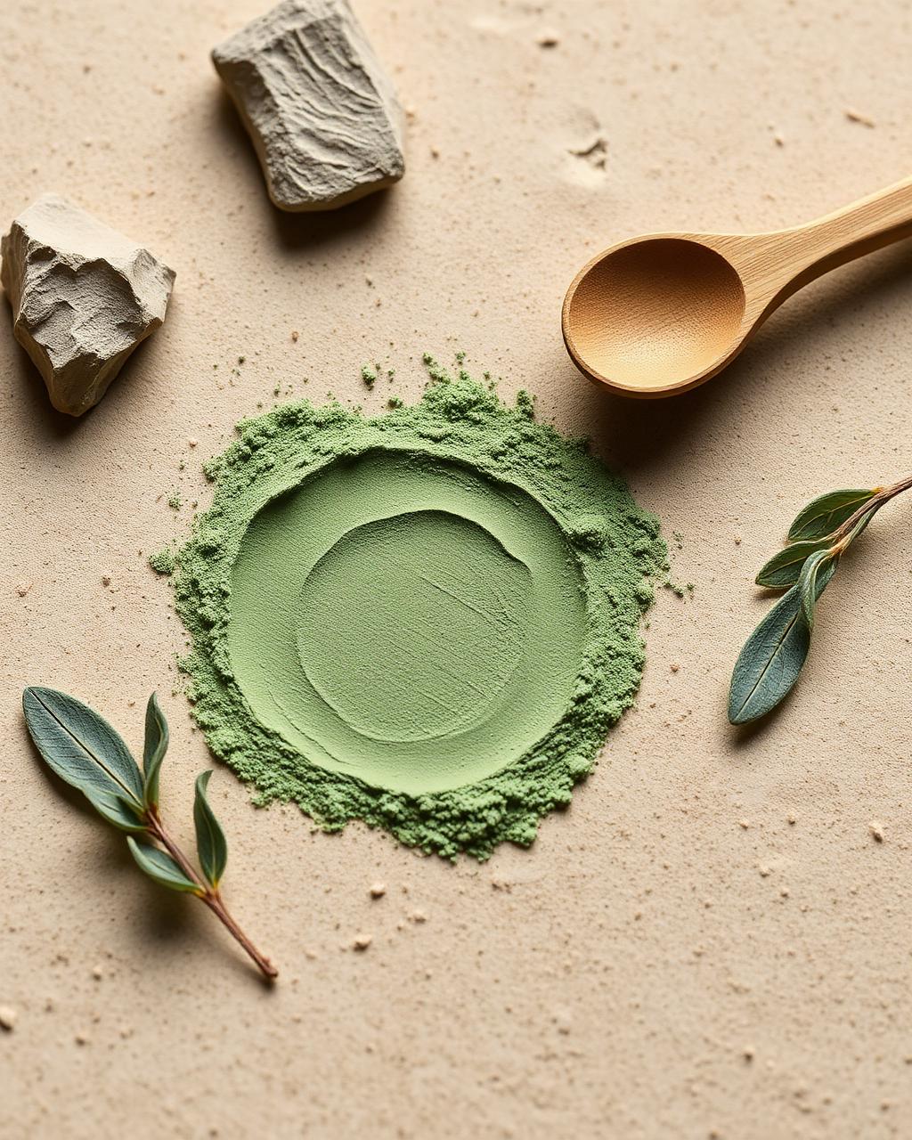 Argile verte Montmorillonite en poudre superfine, pierres minérales et feuilles de sauge