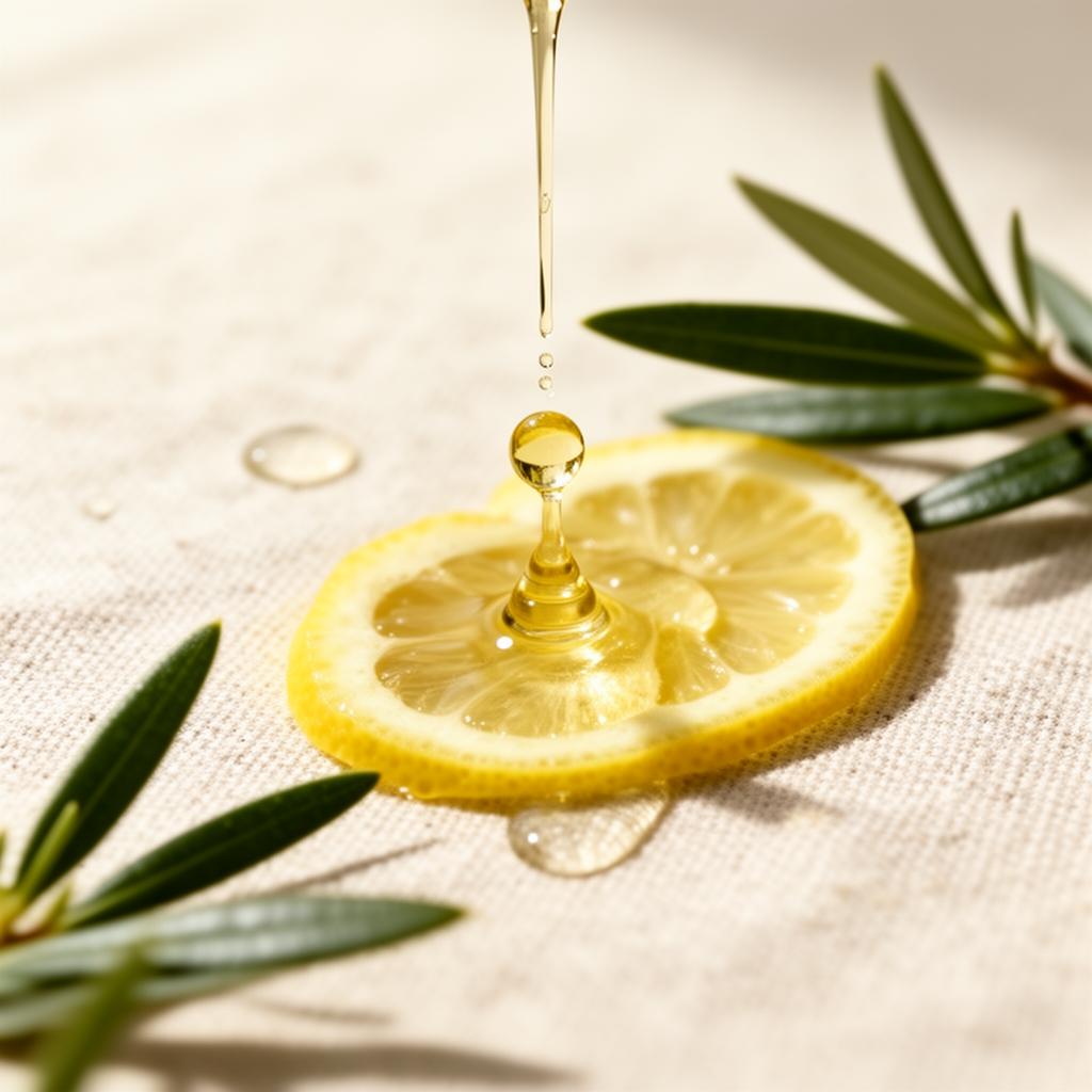 Macro d'huiles essentielles, zeste de citron et feuilles de tea-tree