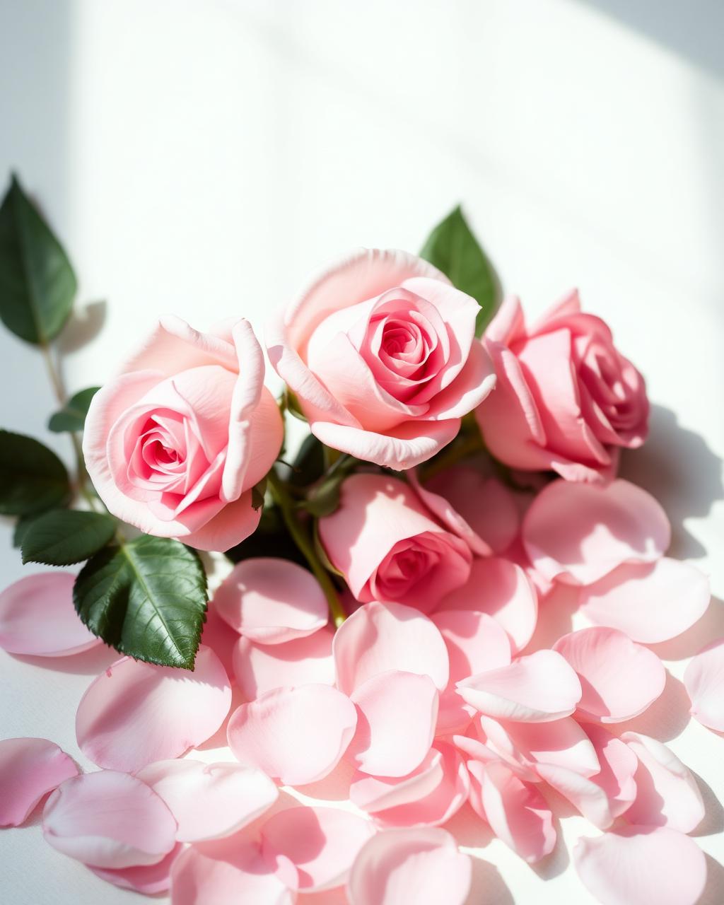 Roses fraîches et pétales sur fond clair