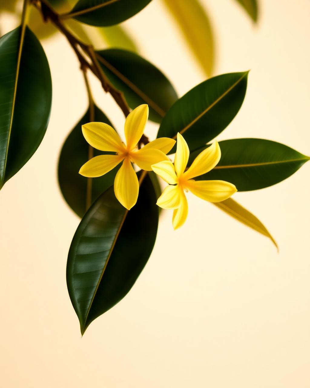 Fleurs d'ylang-ylang jaunes dorées sur branche tropicale